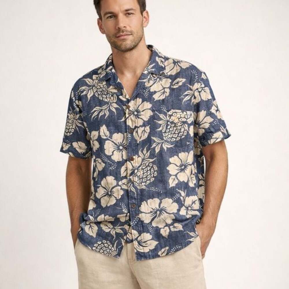 Cooke Street Hawaiian Aloha Shirt Blue Pineapple‎ Floral Cotton Camp Collar 2XL